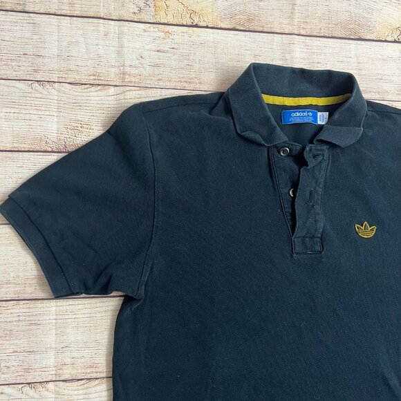 Adidas Originals Mens Small Navy Blue Polo Shirt Gold Trefoil Logo Yellow Trim - Picture 6 of 9